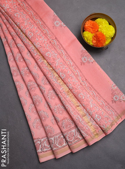 Chanderi bagru saree peach pink with allover kalamkari prints and zari woven border