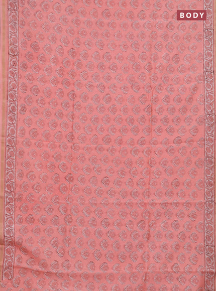 Chanderi bagru saree peach pink with allover kalamkari prints and zari woven border