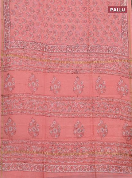 Chanderi bagru saree peach pink with allover kalamkari prints and zari woven border