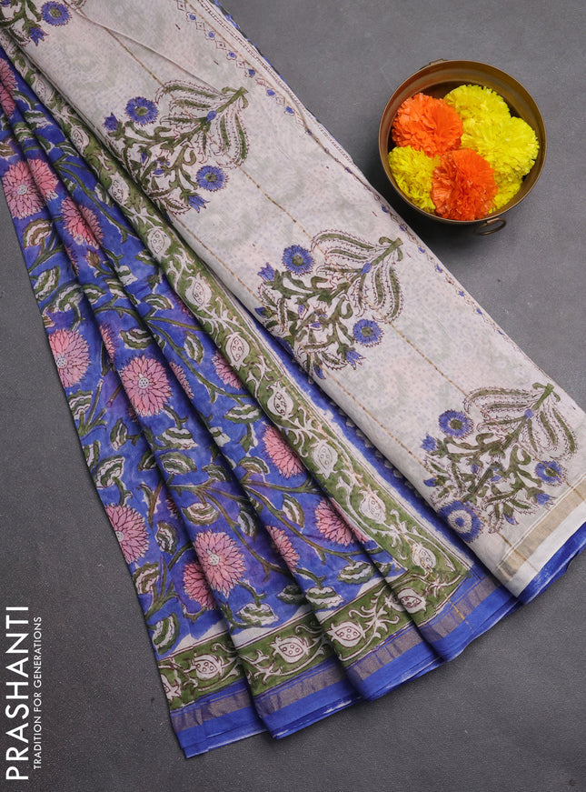 Chanderi bagru saree blue with allover kalamkari prints and zari woven border