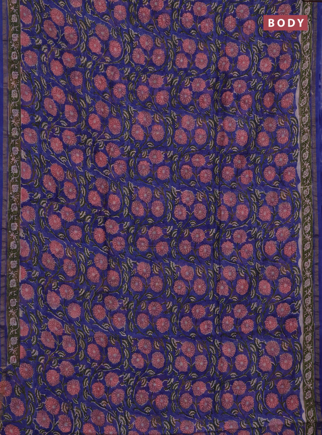 Chanderi bagru saree blue with allover kalamkari prints and zari woven border