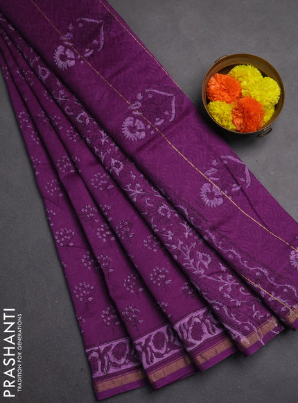 Chanderi bagru saree purple with allover butta prints and zari woven border
