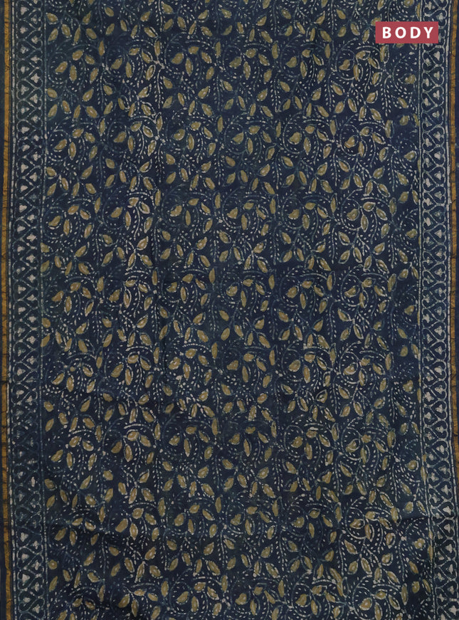 Chanderi bagru saree dark grey with allover batik prints and zari woven border