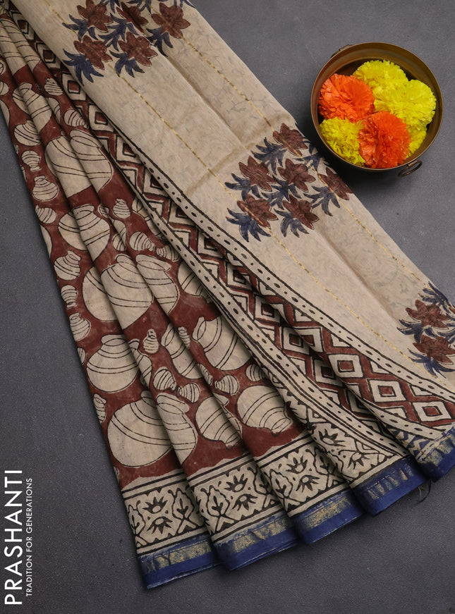 Chanderi bagru saree beige brown with allover butta prints and zari woven border