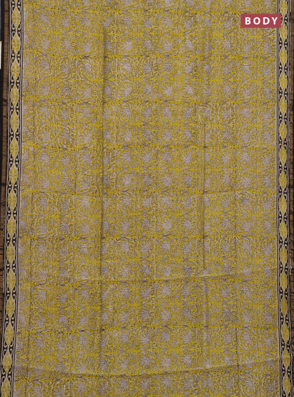Chanderi bagru saree light green and black with allover kalamkari prints and zari woven border