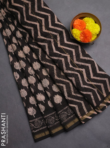 Chanderi bagru saree black with allover kalamkari prints and zari woven border