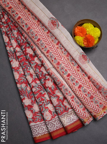 Chanderi bagru saree red with allover kalamkari prints and zari woven border