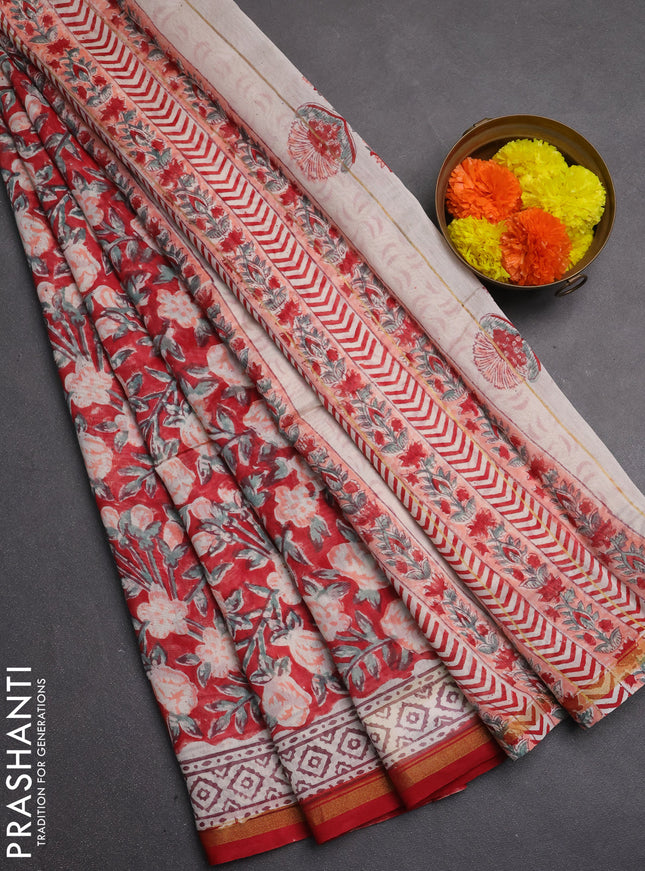 Chanderi bagru saree red with allover kalamkari prints and zari woven border