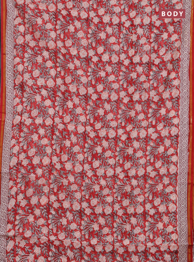 Chanderi bagru saree red with allover kalamkari prints and zari woven border