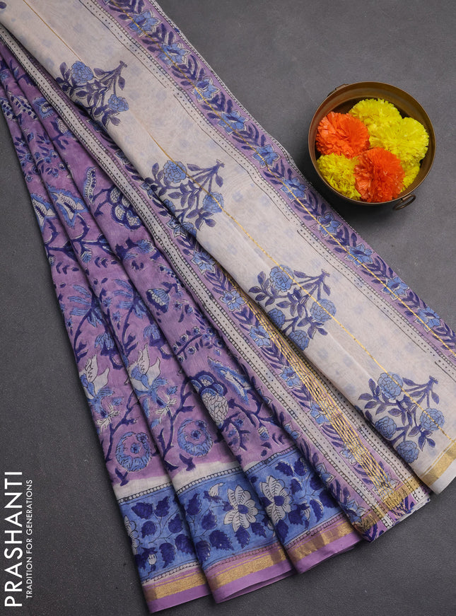 Chanderi bagru saree lavender and blue with allover kalamkari prints and zari woven border