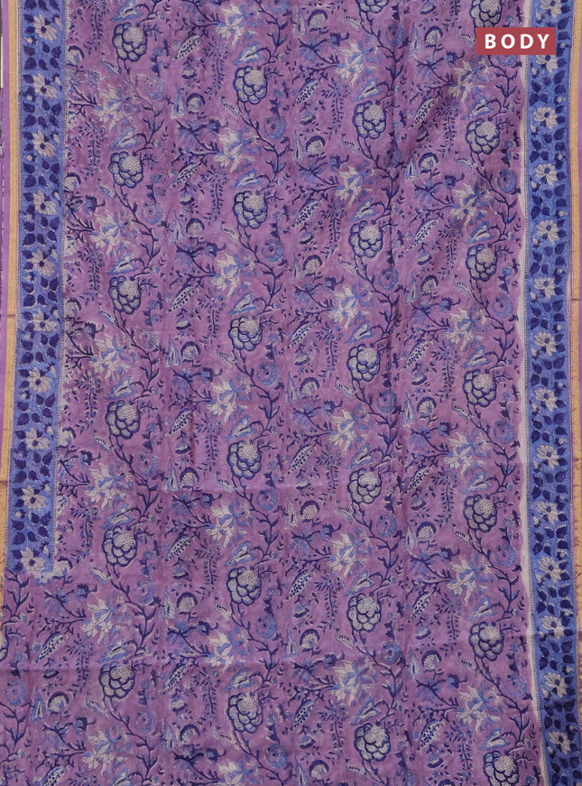 Chanderi bagru saree lavender and blue with allover kalamkari prints and zari woven border
