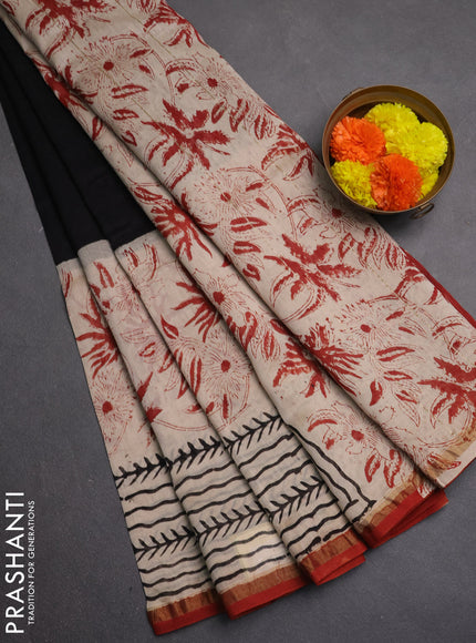 Chanderi bagru saree black and beige maroon with plain body and zari woven border
