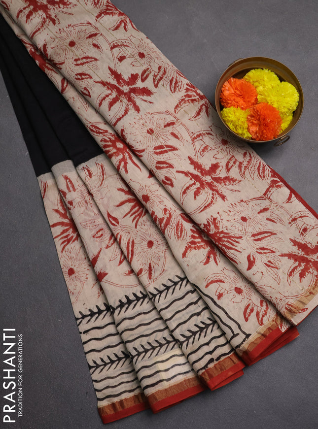 Chanderi bagru saree black and beige maroon with plain body and zari woven border