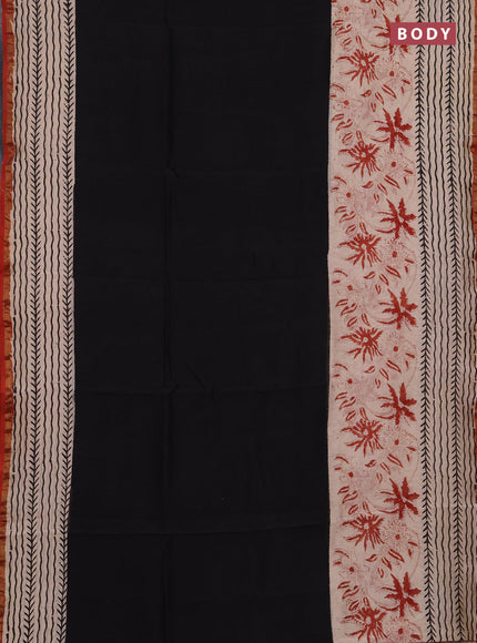 Chanderi bagru saree black and beige maroon with plain body and zari woven border