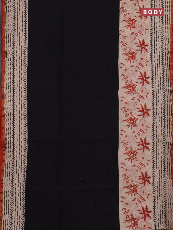 Chanderi bagru saree black and beige maroon with plain body and zari woven border