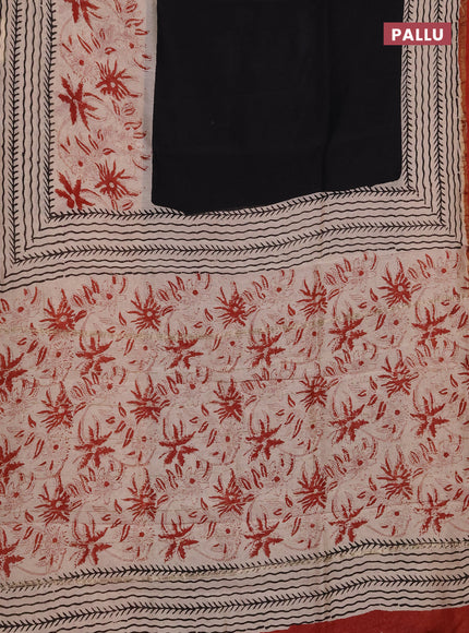 Chanderi bagru saree black and beige maroon with plain body and zari woven border
