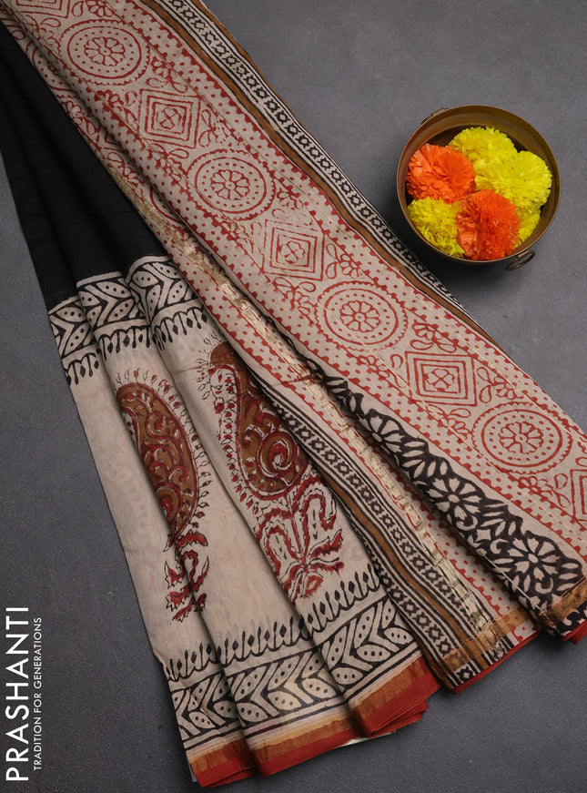 Chanderi bagru saree black and beige maroon with plain body and zari woven border