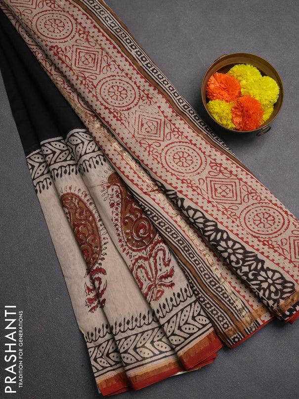Chanderi bagru saree black and beige maroon with plain body and zari woven border