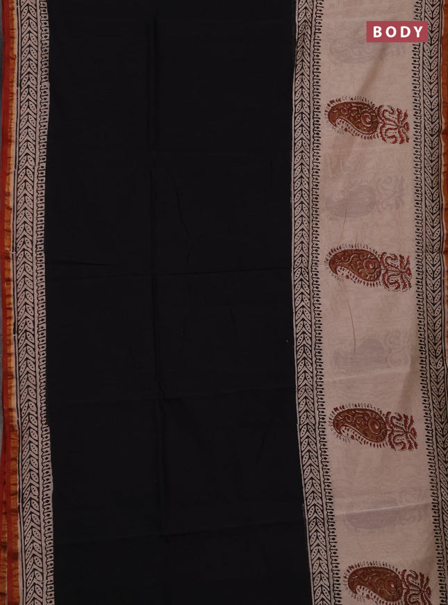 Chanderi bagru saree black and beige maroon with plain body and zari woven border