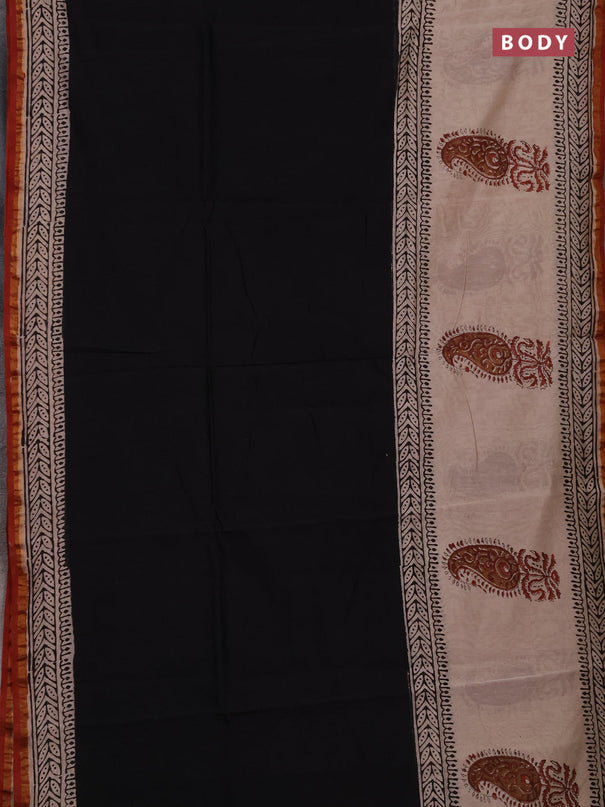 Chanderi bagru saree black and beige maroon with plain body and zari woven border