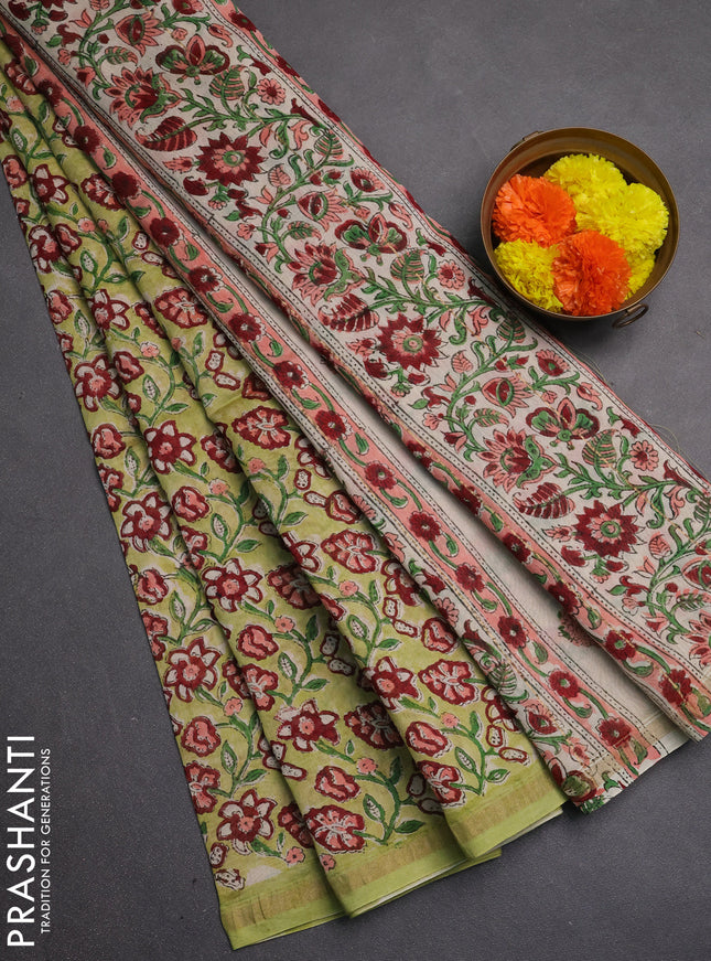 Chanderi bagru saree pista green with allover kalamkari prints and zari woven border