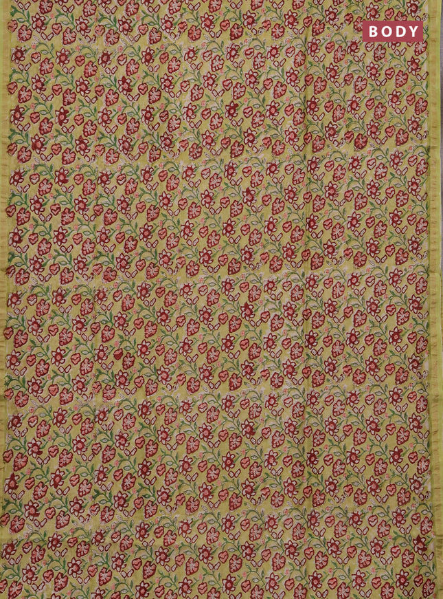 Chanderi bagru saree pista green with allover kalamkari prints and zari woven border