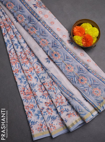 Chanderi bagru saree off white peach and pastel grey with allover kalamkari prints and zari woven border