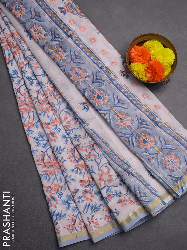 Chanderi bagru saree off white peach and pastel grey with allover kalamkari prints and zari woven border