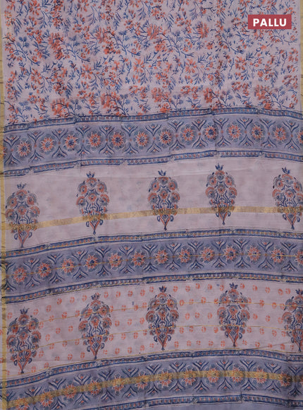 Chanderi bagru saree off white peach and pastel grey with allover kalamkari prints and zari woven border