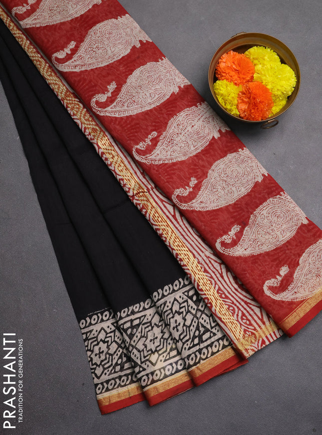 Chanderi bagru saree black and maroon with plain body and zari woven border