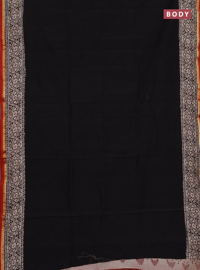 Chanderi bagru saree black and maroon with plain body and zari woven border
