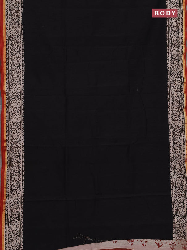 Chanderi bagru saree black and maroon with plain body and zari woven border