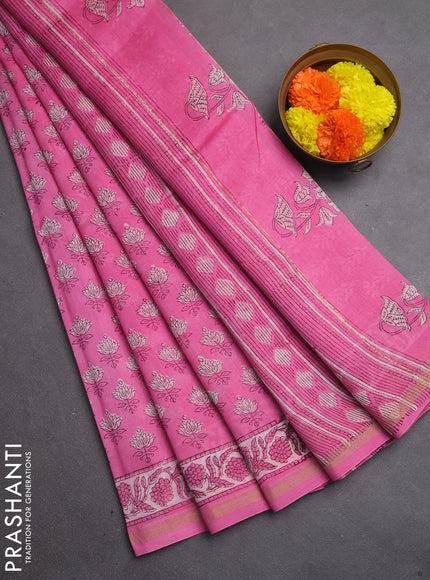 Chanderi bagru saree pink with allover butta prints and zari woven border