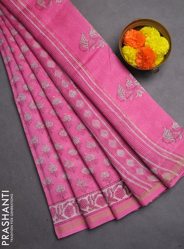 Chanderi bagru saree pink with allover butta prints and zari woven border