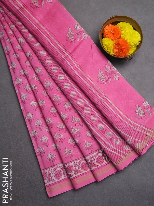 Chanderi bagru saree pink with allover butta prints and zari woven border