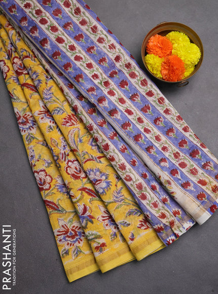 Chanderi bagru saree yellow with allover kalamkari prints and zari woven border