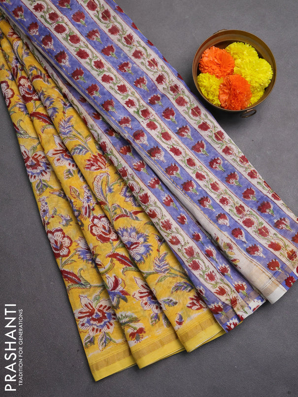 Chanderi bagru saree yellow with allover kalamkari prints and zari woven border