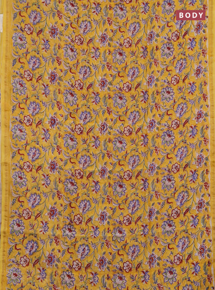Chanderi bagru saree yellow with allover kalamkari prints and zari woven border