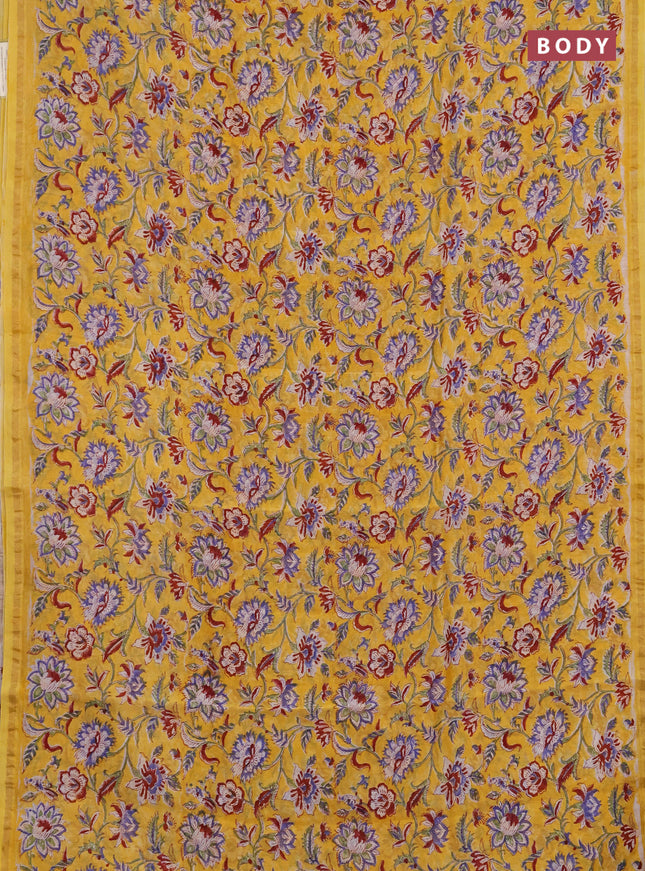 Chanderi bagru saree yellow with allover kalamkari prints and zari woven border