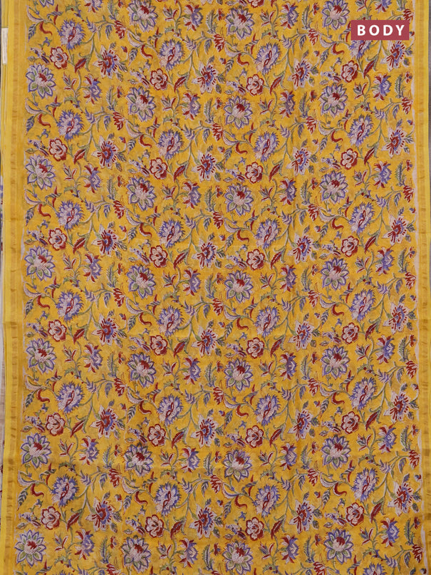 Chanderi bagru saree yellow with allover kalamkari prints and zari woven border