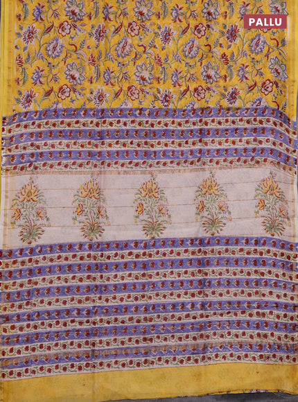 Chanderi bagru saree yellow with allover kalamkari prints and zari woven border