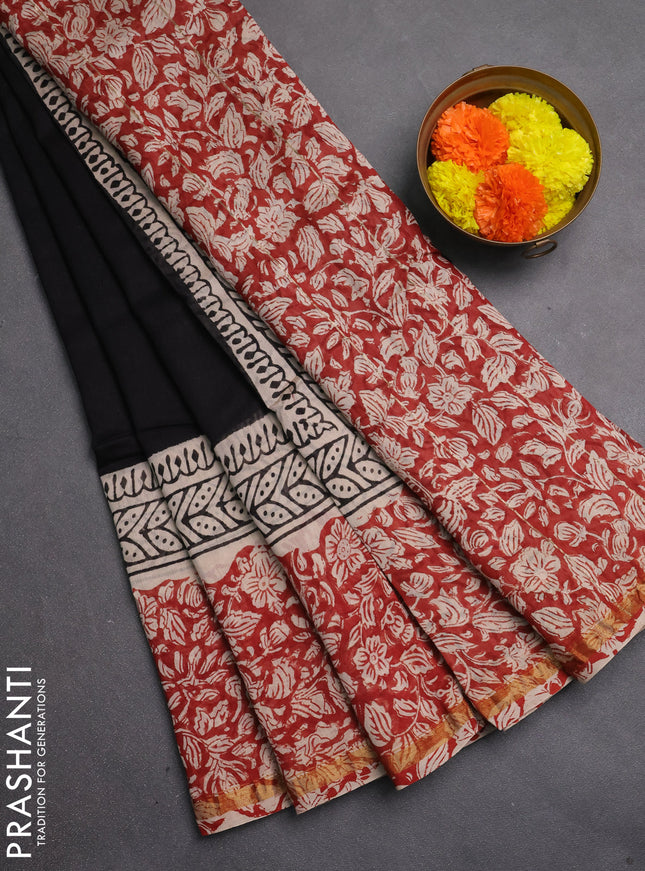 Chanderi bagru saree black and beige maroon with plain body and zari woven border