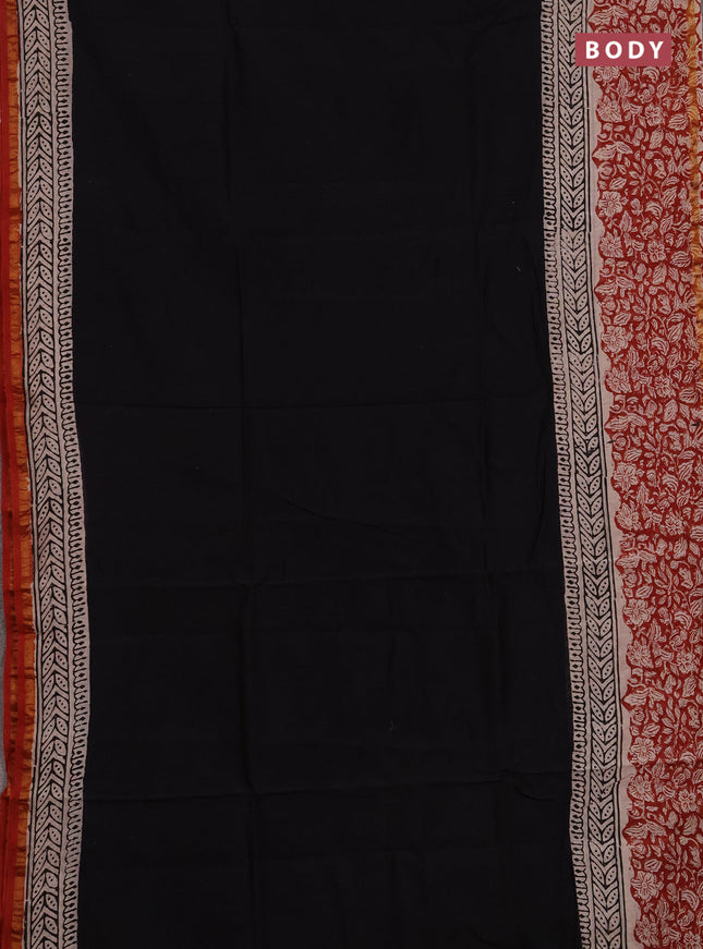 Chanderi bagru saree black and beige maroon with plain body and zari woven border