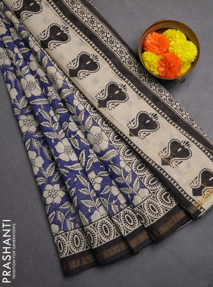 Chanderi bagru saree violet and beige with allover kalamkari prints and zari woven border
