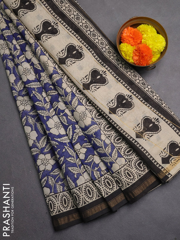Chanderi bagru saree violet and beige with allover kalamkari prints and zari woven border