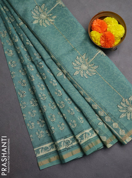 Chanderi bagru saree light green with allover kalamkari prints and zari woven border