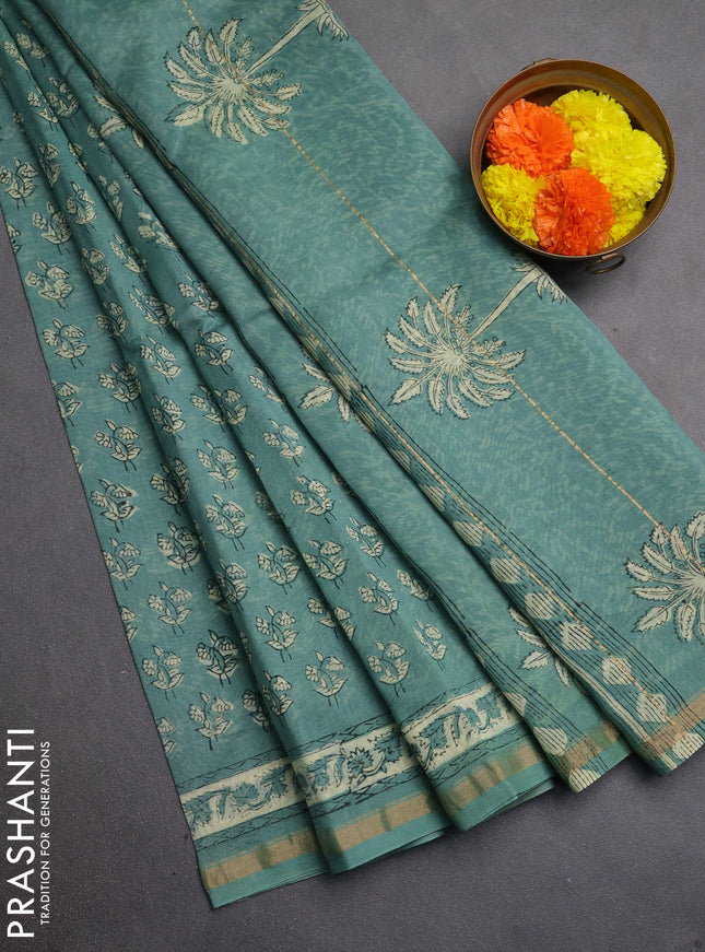 Chanderi bagru saree light green with allover kalamkari prints and zari woven border