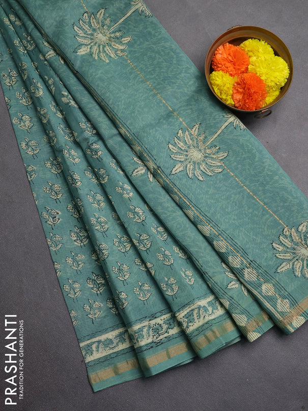Chanderi bagru saree light green with allover kalamkari prints and zari woven border