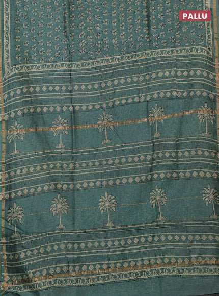 Chanderi bagru saree light green with allover kalamkari prints and zari woven border