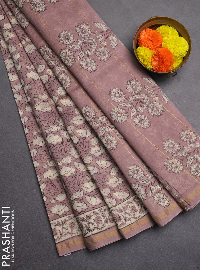 Chanderi bagru saree rosy brown with allover kalamkari prints and zari woven border